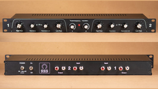 Rotary Dual High Pass/Low Pass filter for live performances and DJs. Vintage look. 19" Rack mount. Front and back view. RCA sockets on the back and control knobs on the front.