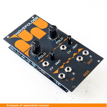 Built example of Dual Wavefolder eurorack module PCB and Fornt Panel kit. angled photo with white back ground. PCB Front panel art in black, white and orange visible. In, out jack sockets and control knobs also visible. 