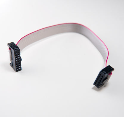 A 10-pin to 16-pin ribbon cable with IDC connectors for connecting Eurorack modules to a power bus board.