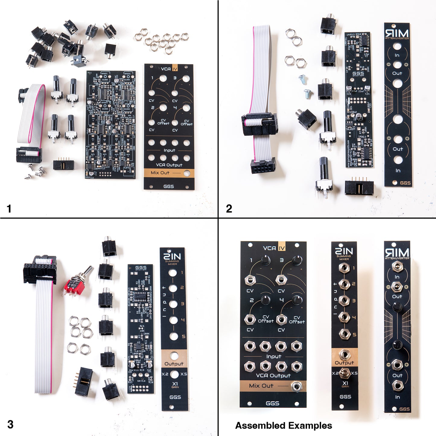 Bundle of 3 eurorack diy full kit modules. VCA IV (Quad VCA), SIN (summing mixer), RIM (Dual Attenuverter) Image divided in to 4 showing images of full kits and fully built eurorack modules. White Background.