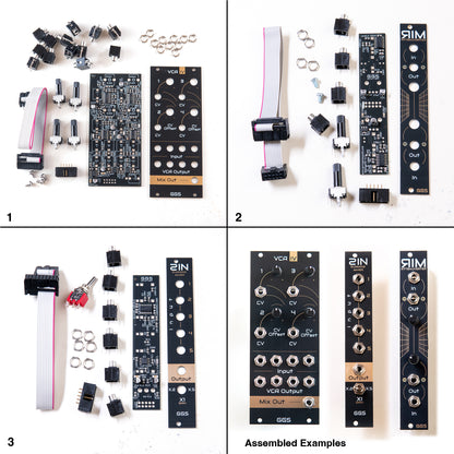 Bundle of 3 eurorack diy full kit modules. VCA IV (Quad VCA), SIN (summing mixer), RIM (Dual Attenuverter) Image divided in to 4 showing images of full kits and fully built eurorack modules. White Background.
