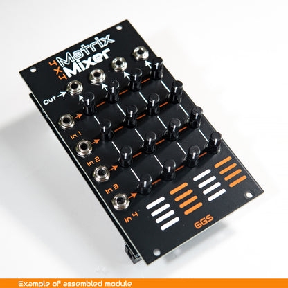 DIY Eurorack Matrix Mixer module build example, showing screen printed front panel with knobs and patch jacks, photographed at an angle on a white background.