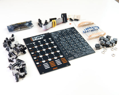 Angled photo of Matrix Mixer PCB and Front Panel surrounded by all the components needed for the finished eurorack module. 
