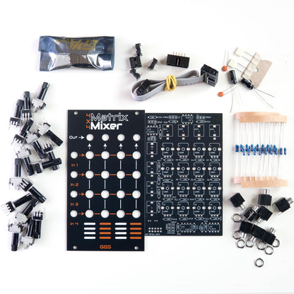 Matrix Mixer full DIY Kit. PCB and fron t panel inth e middle of all the components needed to build the eurorack module.