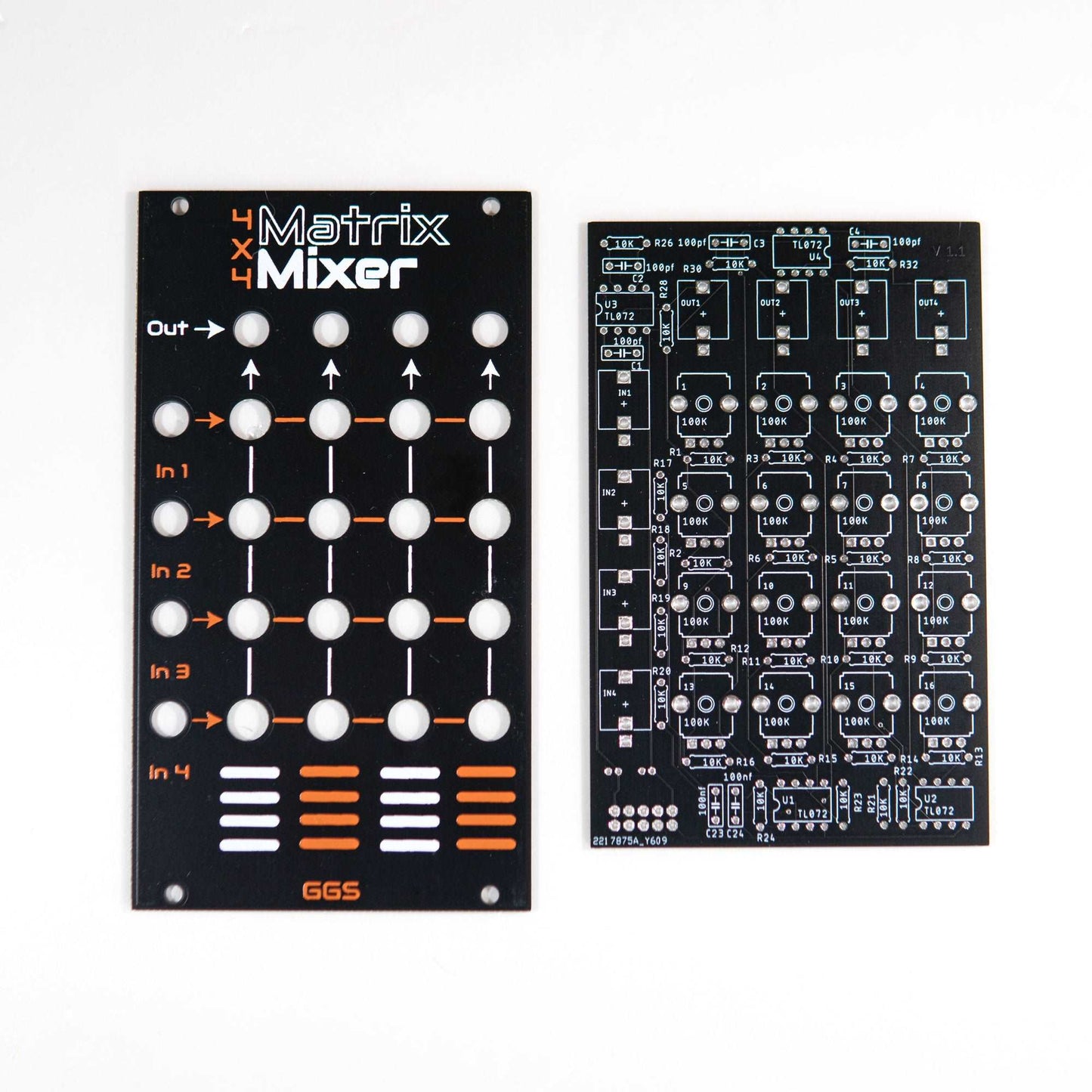 Eurorack matrix mixer with 4 inputs/outputs for audio and control voltage mixing. Versatile routing and volume control. DIY kit with visually stunning front panel. Ideal for modular synth enthusiasts seeking precise control and flexibility.