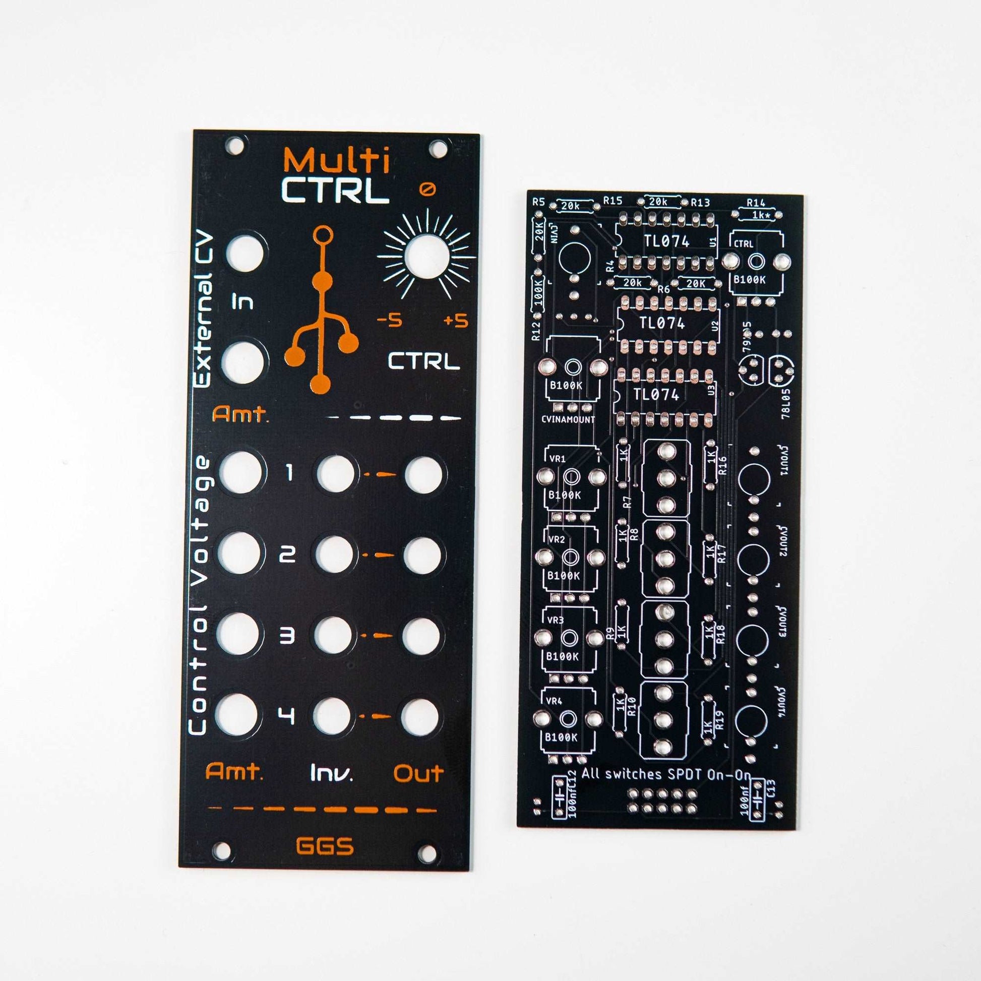 Eurorack multi-parameter control module with 4 outputs and individual amount potentiometers. Generate CV from -5V to +5V and add external CV. Ideal for DIY synth enthusiasts.