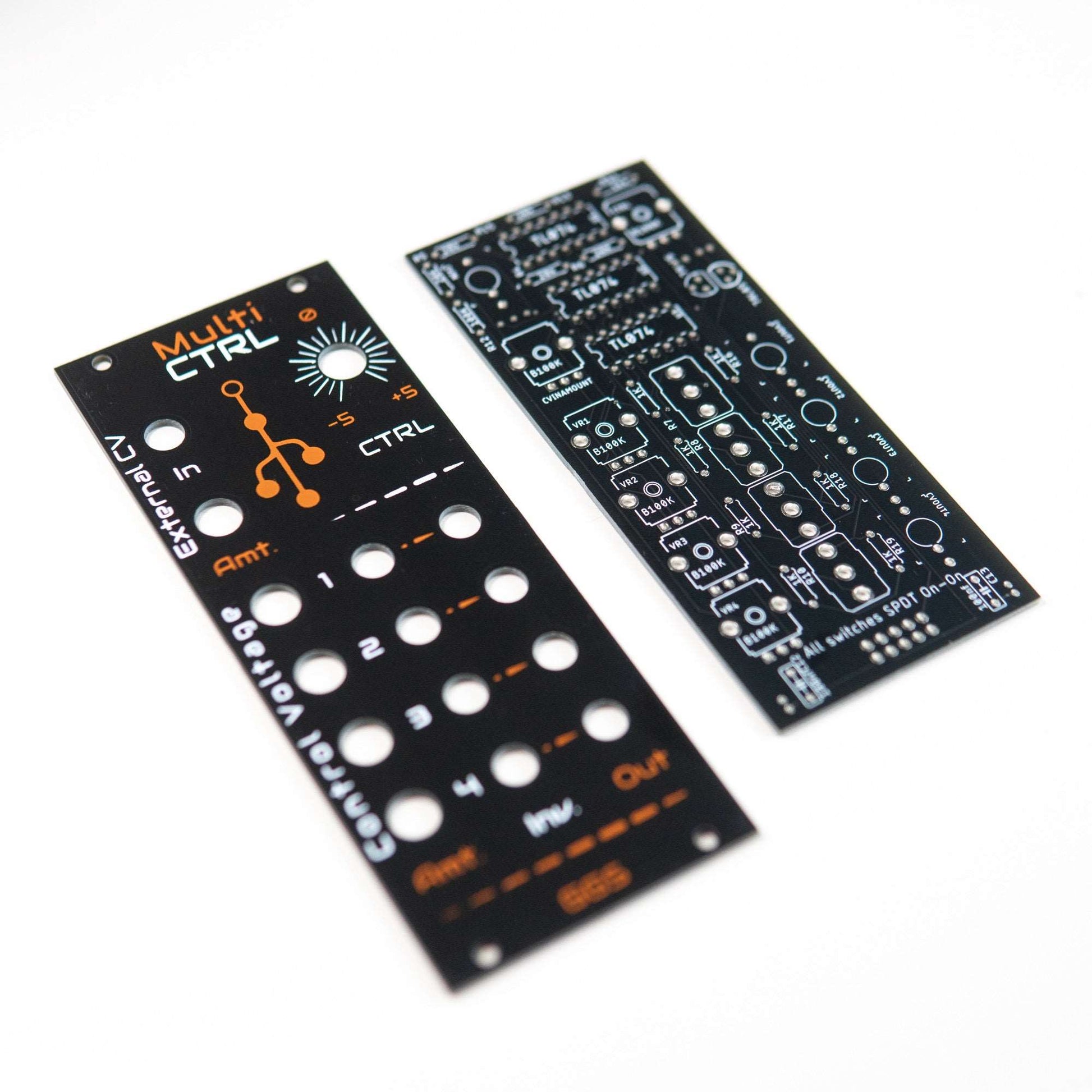 Eurorack multi-parameter control module with 4 outputs and individual amount potentiometers. Generate CV from -5V to +5V and add external CV. Ideal for DIY synth enthusiasts.