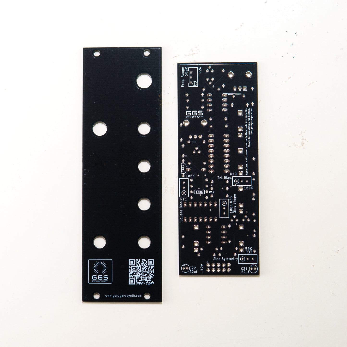 DIY OTA LFO pcb and panel kit rear view. Component footprints visible.  