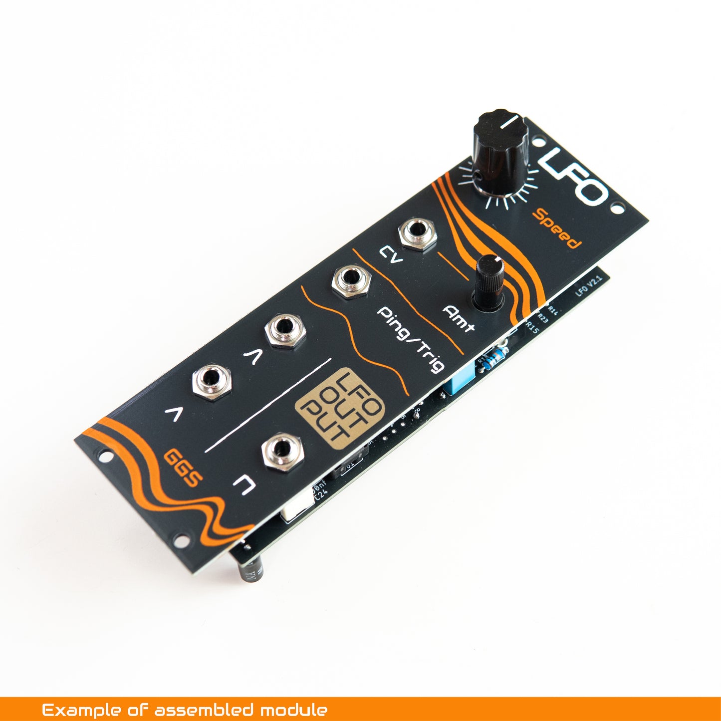 DIY Eurorack Low Frequency Oscillator (LFO) module build example, showing screen printed front panel with knobs and patch jacks, photographed at an angle on a white background.