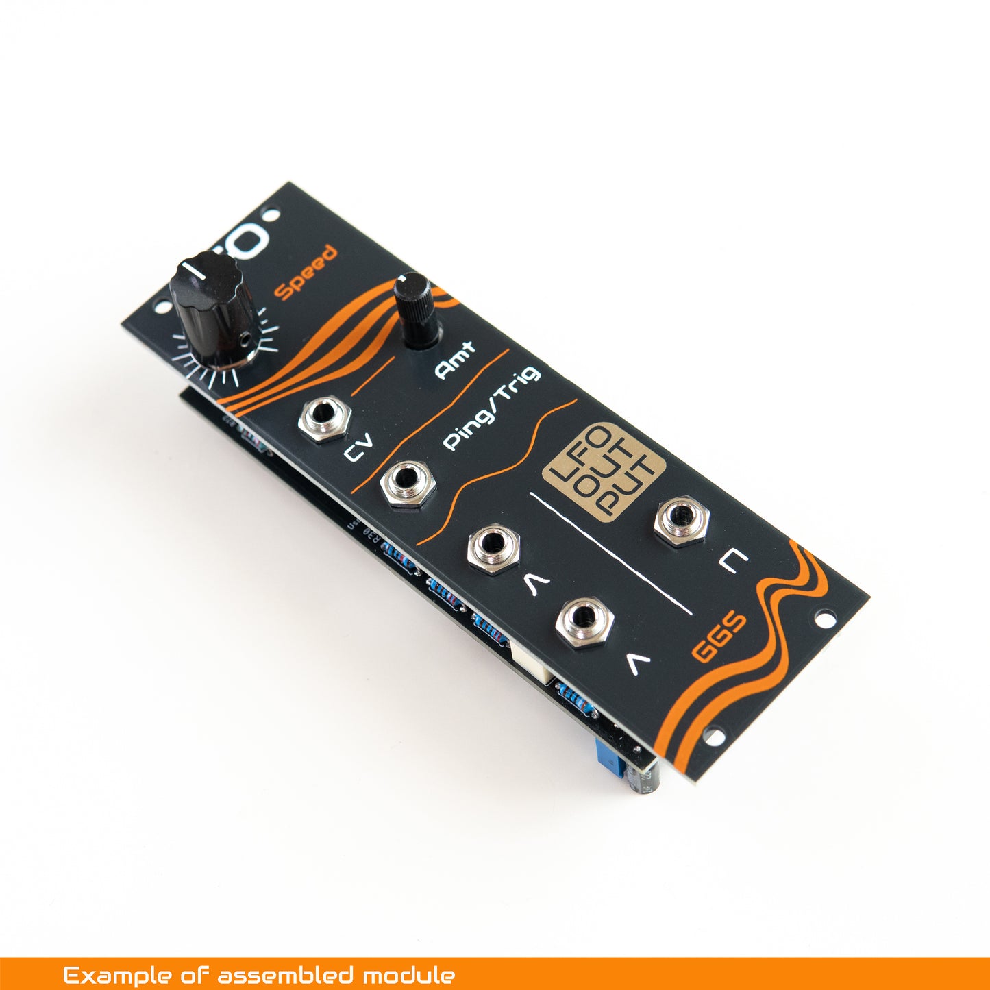 DIY Eurorack Low Frequency Oscillator (LFO) module build example, showing screen printed front panel with knobs and patch jacks, photographed at an angle on a white background.