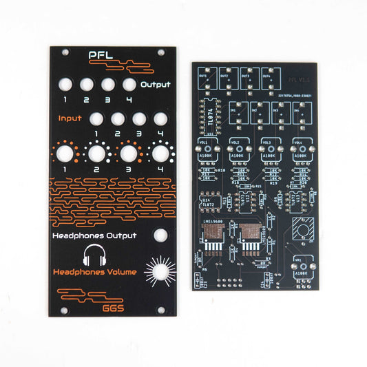 Eurorack pre-fader listen module add on for mixers. Features individual channel volume controls, headphone output, and LME49600-based headphone amplifier for detailed audio monitoring.