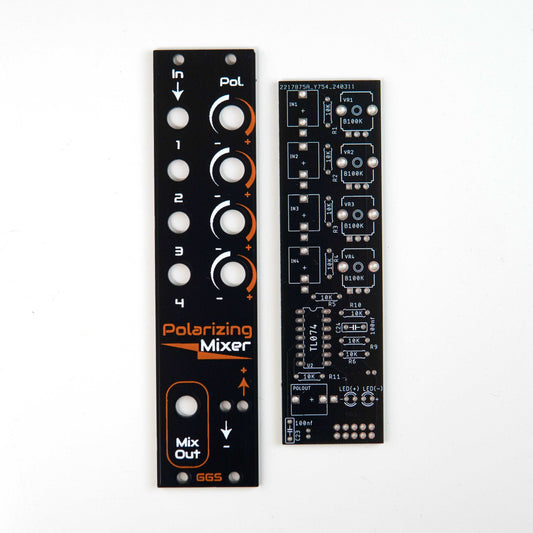 Eurorack polarizing mixer with 4 inputs and individual polarity knobs. Precise control over voltage blending and LED output indicators. Handcrafted front panel for durable construction.