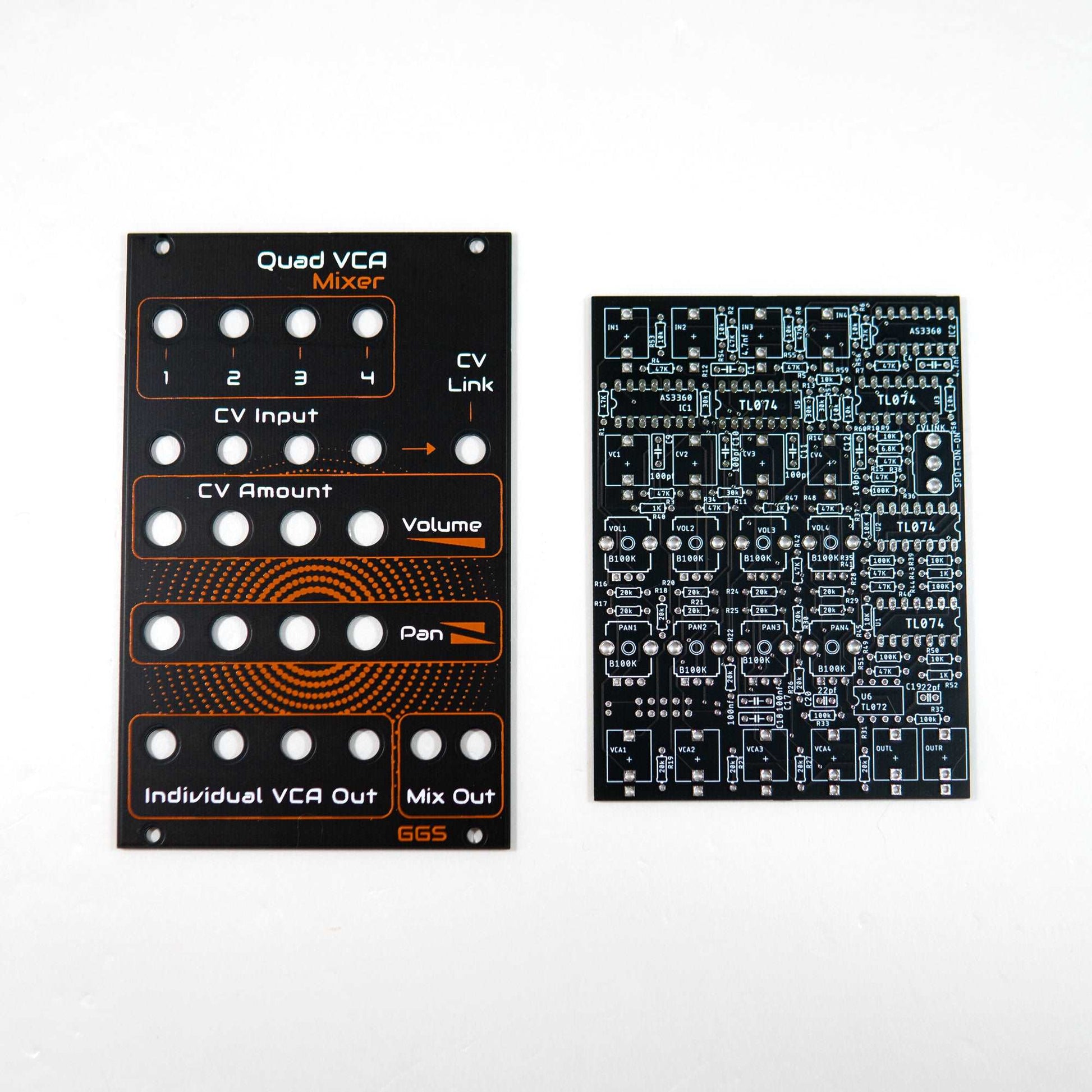 Eurorack quad VCA/mixer module for versatile sound synthesis. Features 4-channel mixing, individual VCAs, stereo output, and CV link for precise control and efficient workflow.