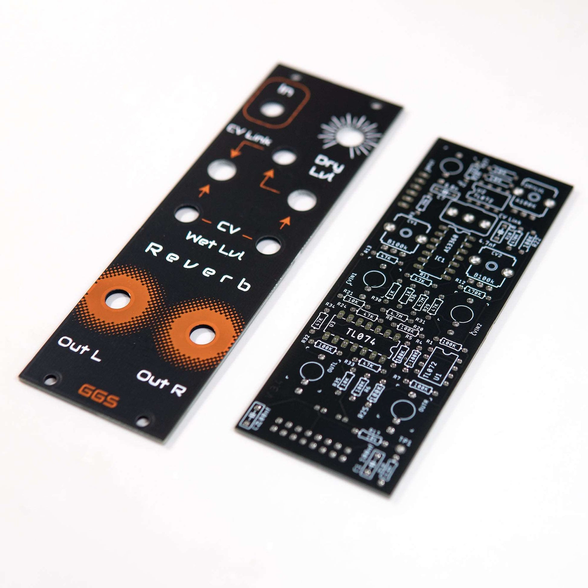 "Eurorack reverb module featuring Belton BTDR-2H reverb brick. DIY kit with high-quality PCB and hand-screen printed front panel. Ideal for adding immersive reverb effects to modular synth setups.