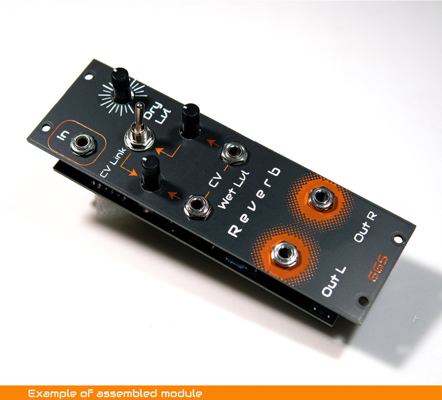 Reverb Module for eurorack synthesiser.  Angled photo with white background. Built example of a DIY kit. 