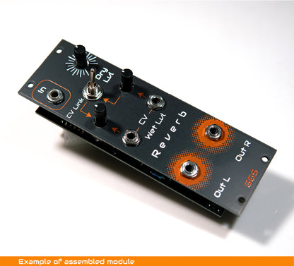 Reverb Module for eurorack synthesiser.  Angled photo with white background. Built example of a DIY kit. 