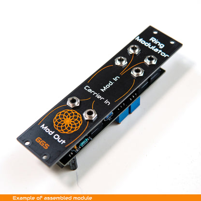 DIY Eurorack Ring Modulator module build example, showing screen printed front panel with jacks sockets, photographed at an angle on a white background.