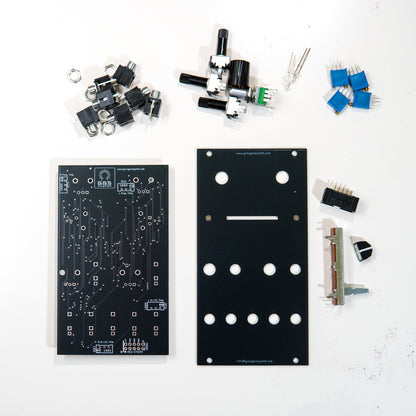 Riot ST VCF - Stereo Low Pass Filter for Eurorack modular synth. Full DIY kit. PCB, front panel and components visible. SMD and THT components such as jack sockets, potentiometers and filter. Back view.