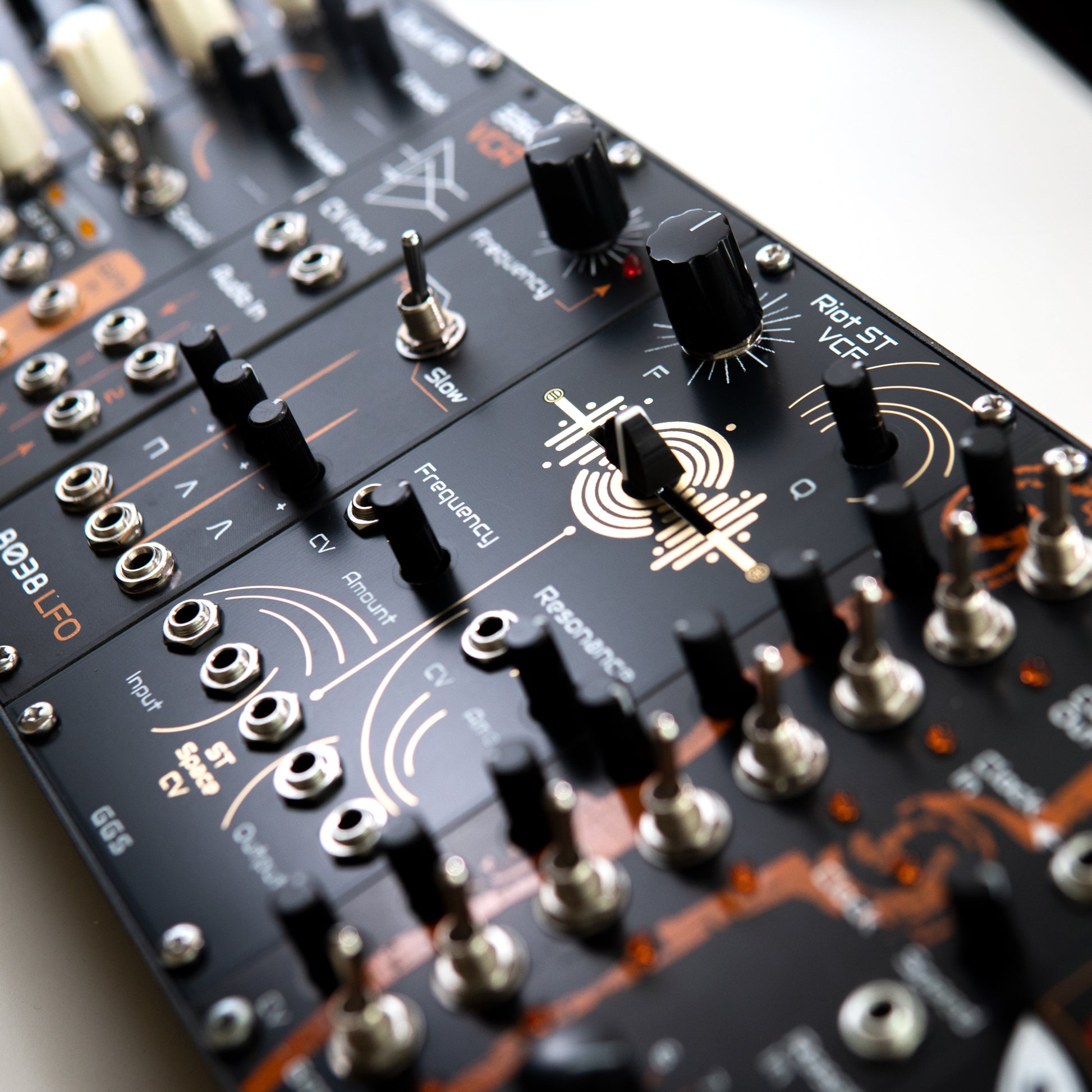 Riot ST VCF in a eurorack synth rack. along with other GGS synth modules. 