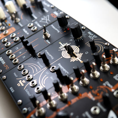 Riot ST VCF in a eurorack synth rack. along with other GGS synth modules. 
