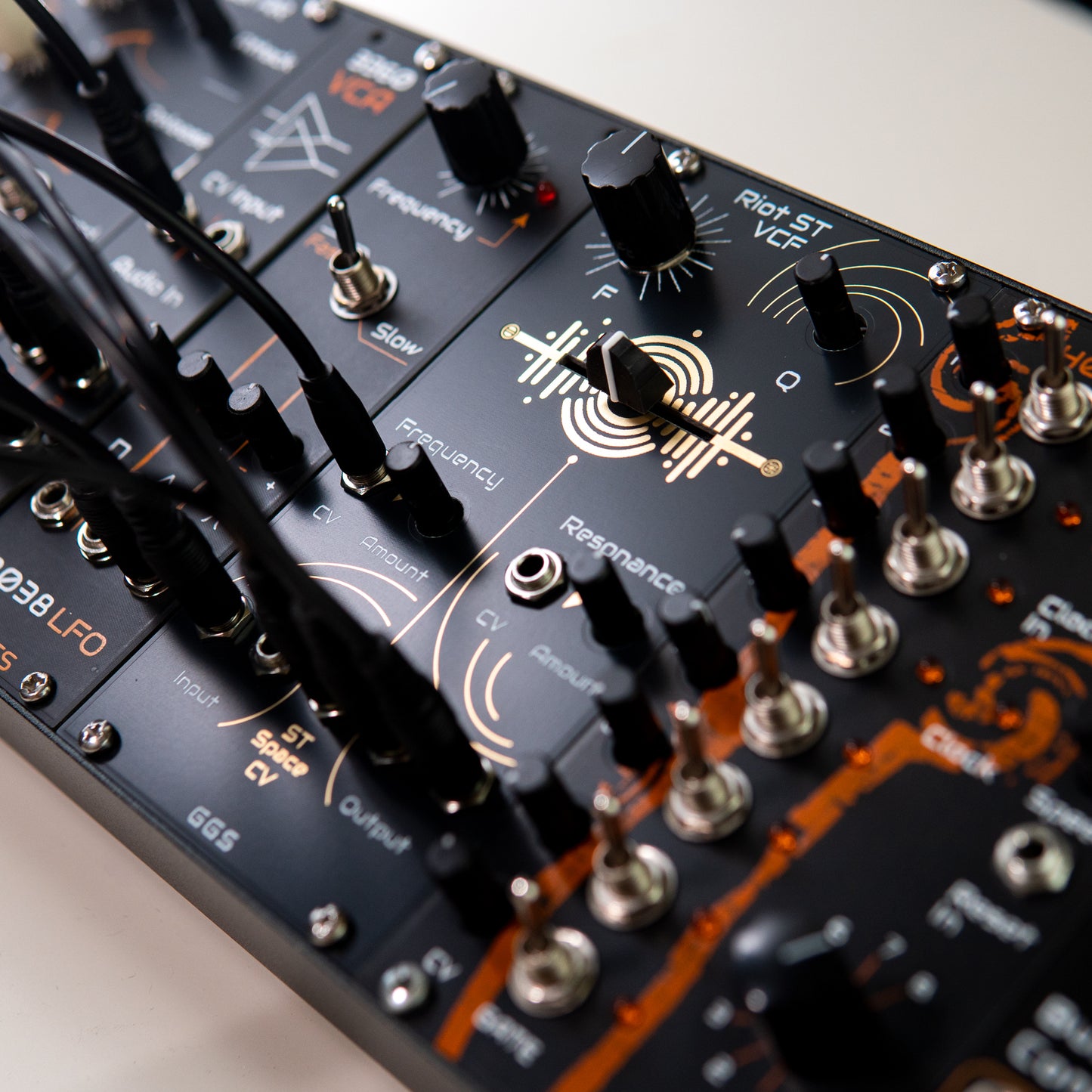 Riot ST VCF in a eurorack synth rack. Patched with other GGS synth modules. 