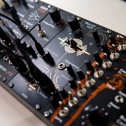 Riot ST VCF in a eurorack synth rack. Patched with other GGS synth modules. 