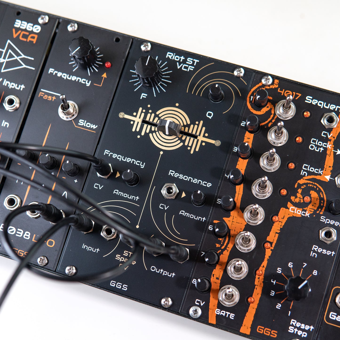 Riot ST VCF in a eurorack synth rack. Patched with other GGS synth modules. 