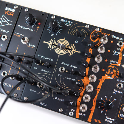 Riot ST VCF in a eurorack synth rack. Patched with other GGS synth modules. 