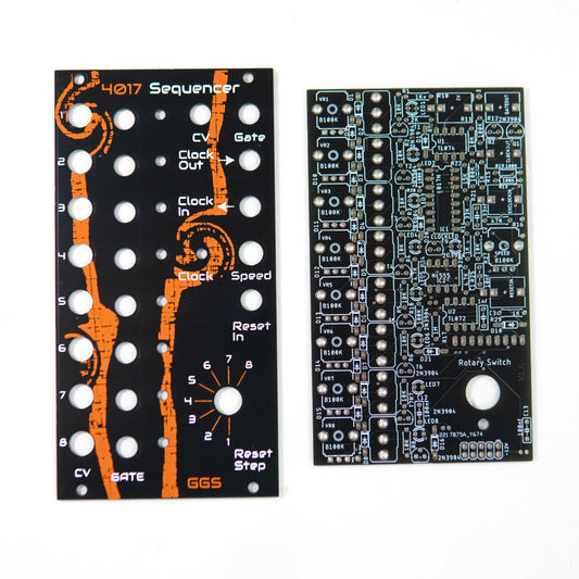 Eurorack 8-step step sequencer based on 4017 IC. Features reset CV input, rotary switch for individual step controls, and internal clock. Designed for experienced builders and modular synth enthusiasts.