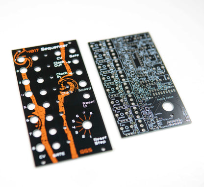 Eurorack 8-step step sequencer based on 4017 IC. Features reset CV input, rotary switch for individual step controls, and internal clock. Designed for experienced builders and modular synth enthusiasts.