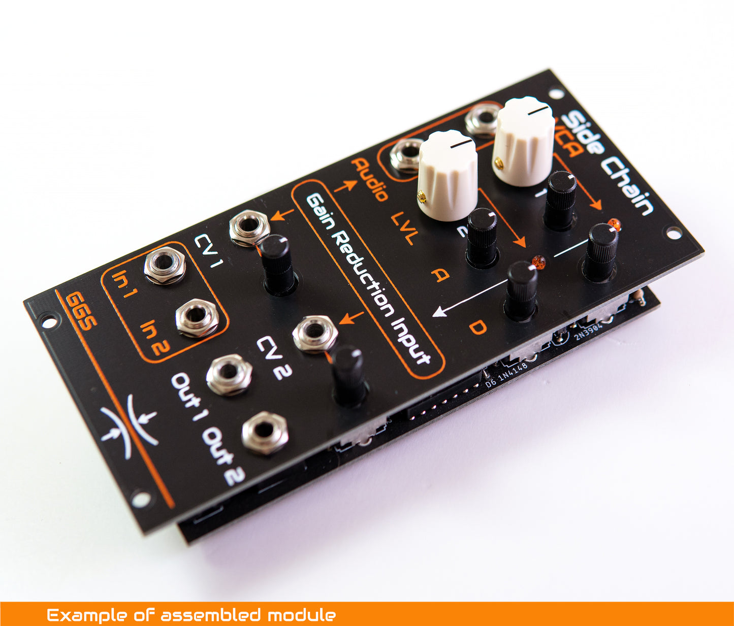 DIY eurorack Dual sidechain VCA modules. Build Example. Angled photo of the module with white background.