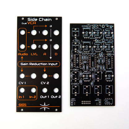 Dual side Chain VCA PCB and front panel kit ready for assembly, featuring clear markings and a user-friendly design. Eurorack modular Synthesiser. 