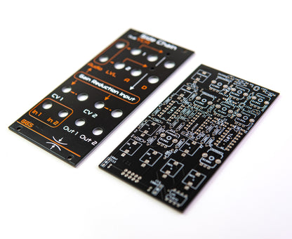 Dual side Chain VCA PCB and front panel kit ready for assembly, featuring clear markings and a user-friendly design. Eurorack modular Synthesiser. 