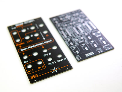 Dual side Chain VCA PCB and front panel kit ready for assembly, featuring clear screen print design. Eurorack modular Synthesiser. 