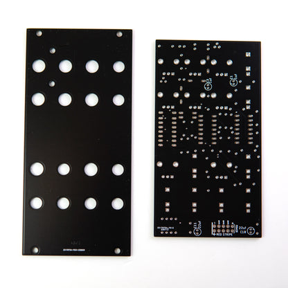 Dual side Chain VCA PCB and front panel kit ready for assembly, PCB and Panel back view. Eurorack modular Synthesiser. 