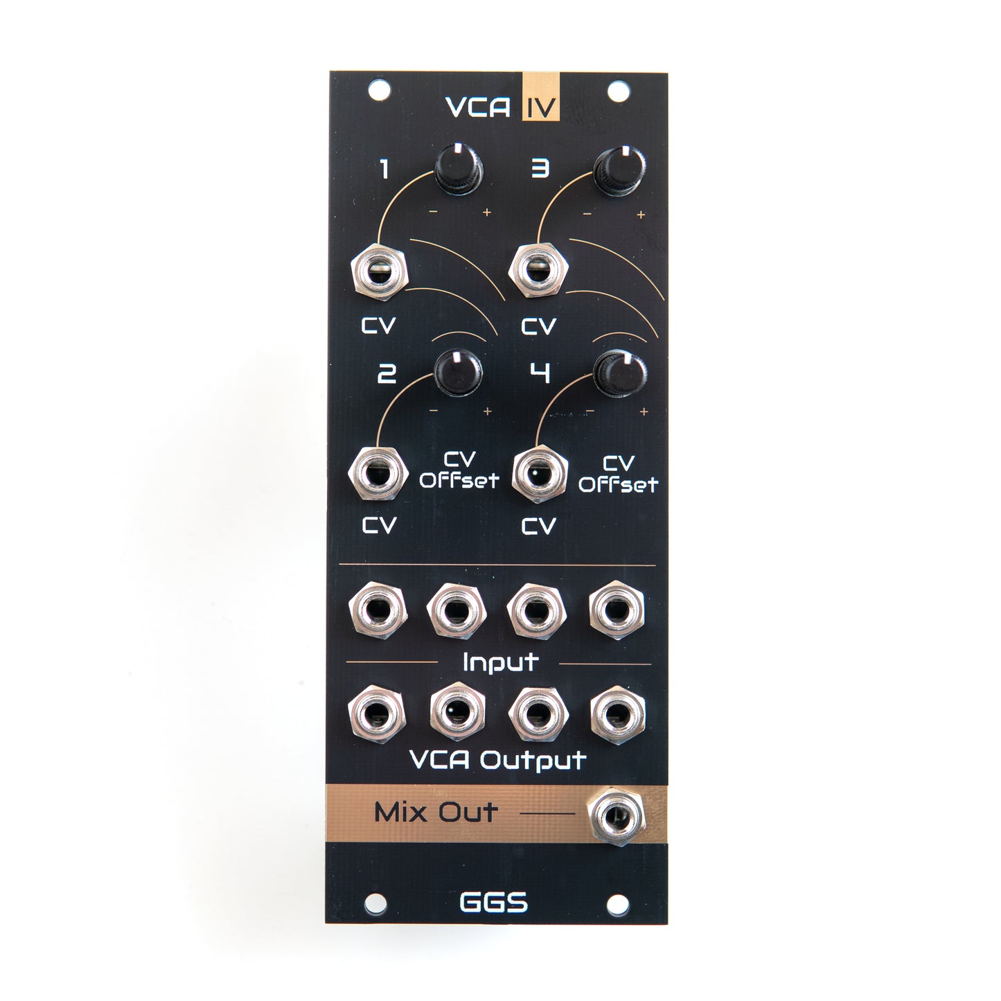 Quad VCA module for eurorack modular synth called VCA IV. Photo from the front with white background. Gold plated Front panel PCB art is visible along with jack socket and potentiometer. GGS logo at the bottom. 