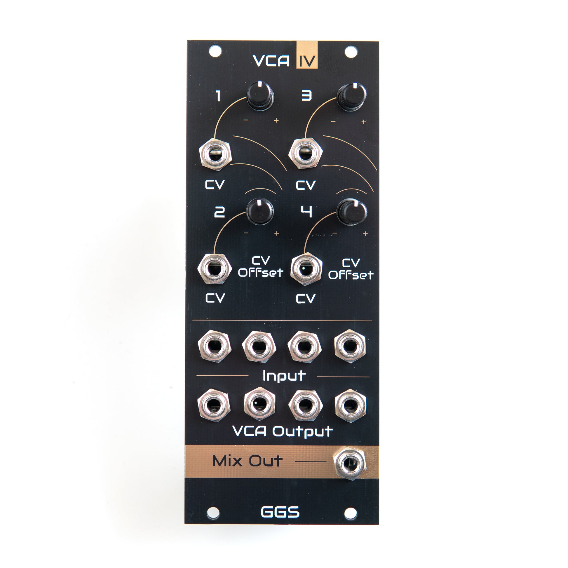 Quad VCA module for eurorack modular synth called VCA IV. Photo from the front with white background. Gold plated Front panel PCB art is visible along with jack socket and potentiometer. GGS logo at the bottom. 