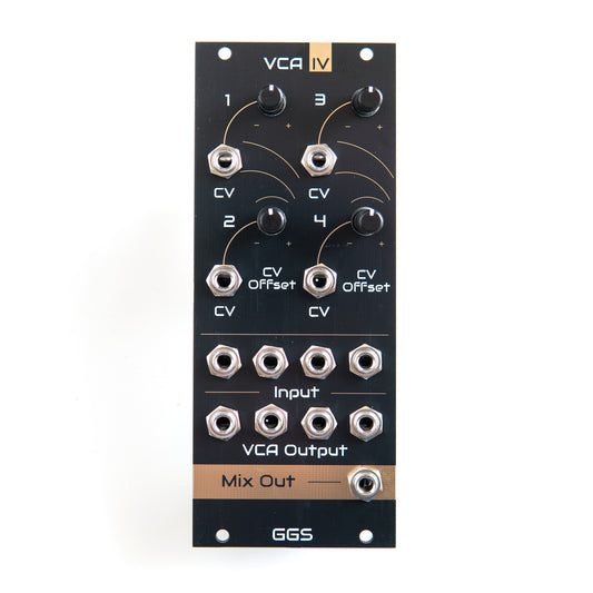 Quad VCA module for eurorack modular synth called VCA IV. Photo from the front with white background. Gold plated Front panel PCB art is visible along with jack socket and potentiometer. GGS logo at the bottom. 