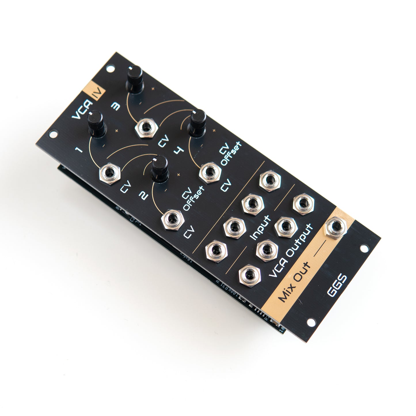 Quad VCA module for eurorack modular synth called VCA IV. Angled photo with white background. Gold plated Front panel PCB art is visible along with jack socket and potentiometer. GGS logo at the bottom. 