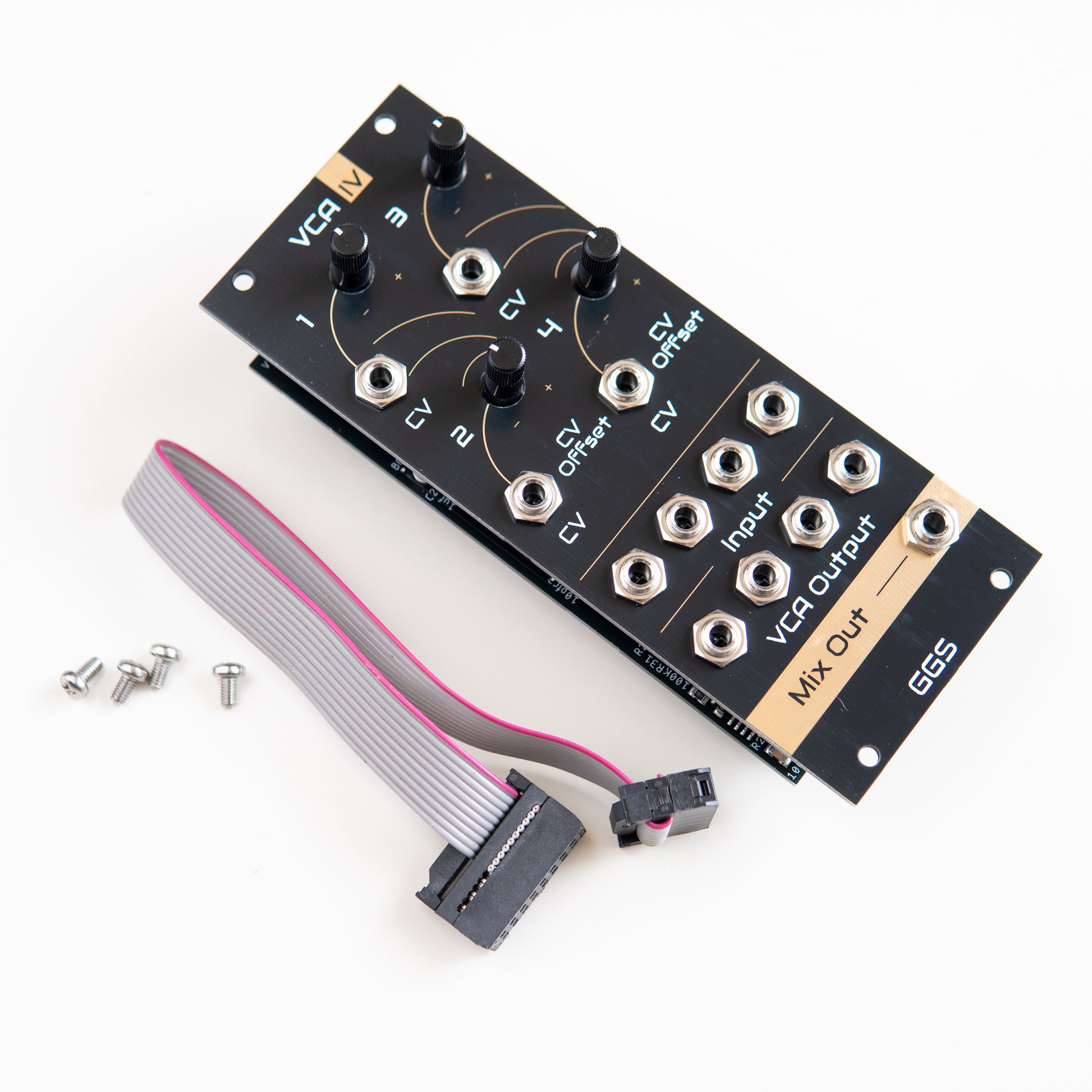 Quad VCA module for eurorack modular synth called VCA IV. Angled photo with white background, next to eurorack power cable and mounting screws. Gold plated Front panel PCB art is visible along with jack socket and potentiometer. GGS logo at the bottom. 
