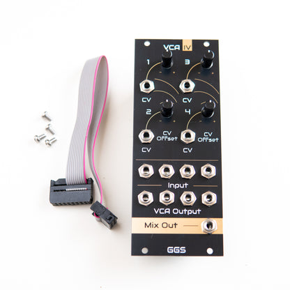 Quad VCA module for eurorack modular synth called VCA IV. Angled photo with white background, next to ribbon power cable and mounting screws. Gold plated Front panel PCB art is visible along with jack socket and potentiometer. GGS logo at the bottom. 