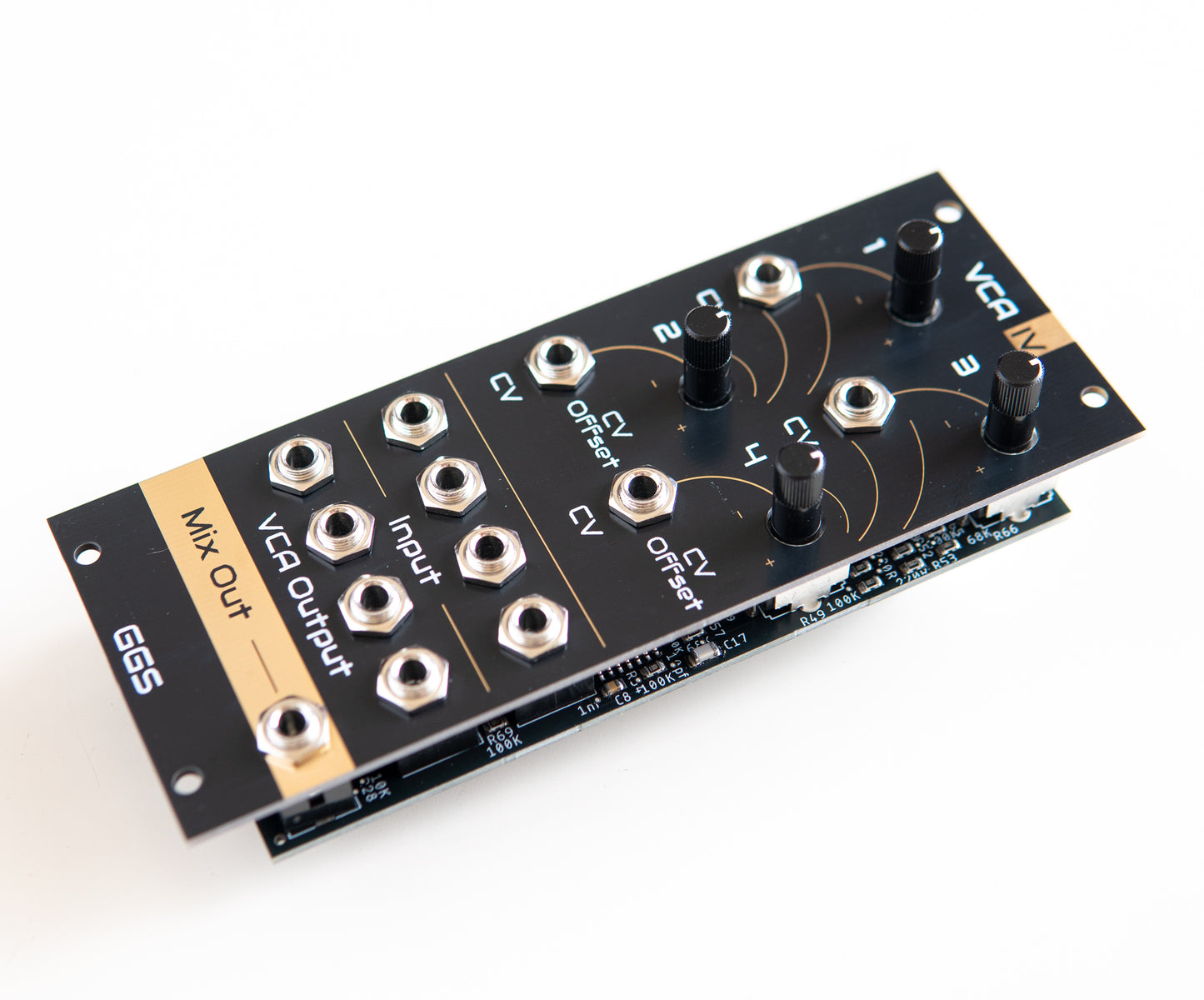 Quad VCA module for eurorack modular synth called VCA IV. Angled photo with white background. Gold plated Front panel PCB art is visible along with jack socket and potentiometer. GGS logo at the bottom. 