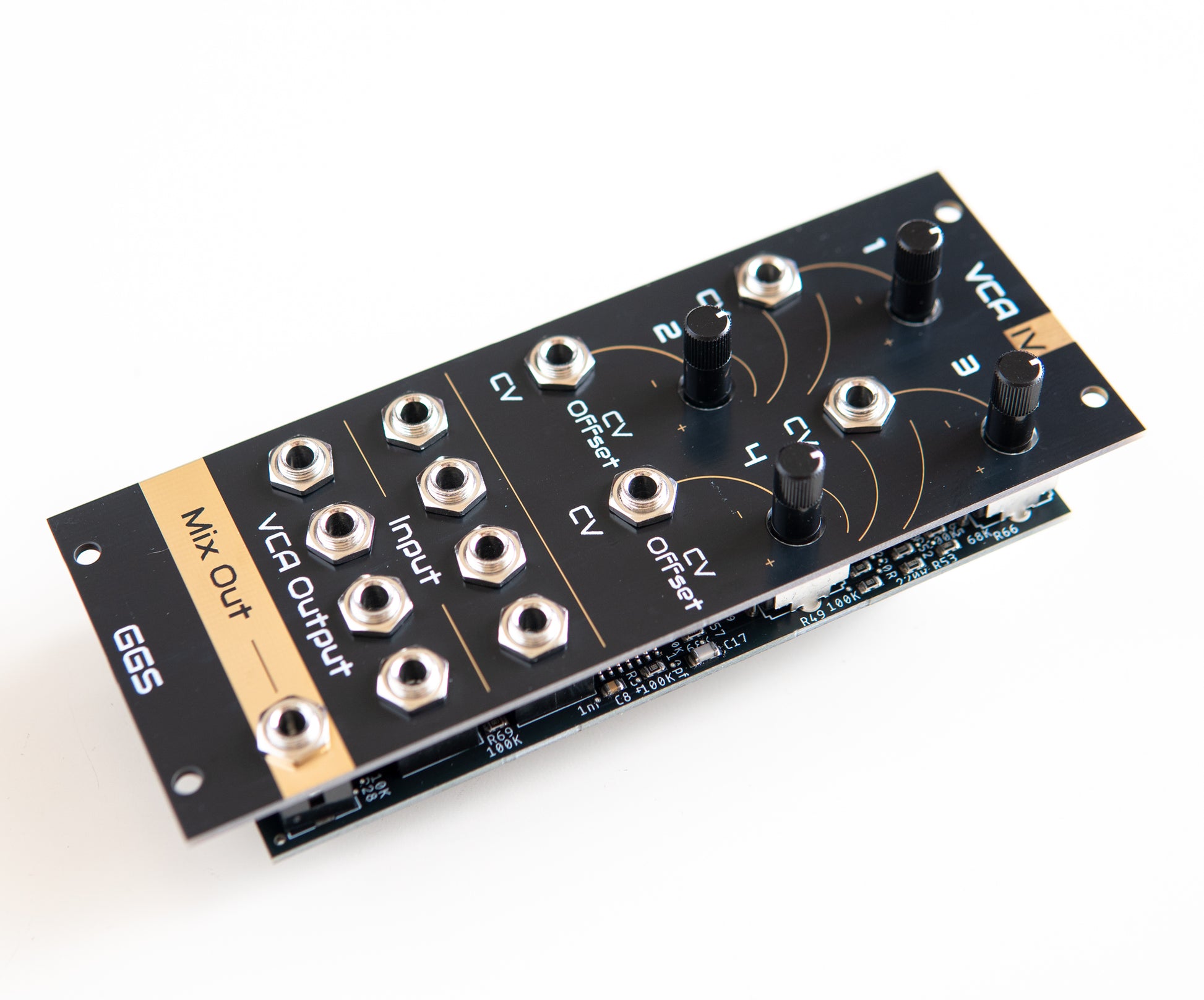 Quad VCA module for eurorack modular synth called VCA IV. Angled photo with white background. Gold plated Front panel PCB art is visible along with jack socket and potentiometer. GGS logo at the bottom. 
