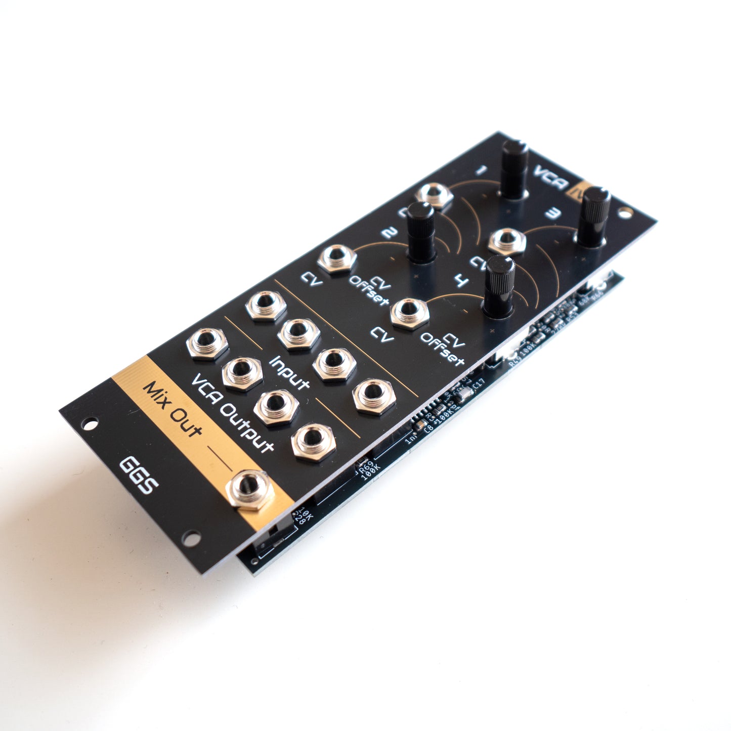 Quad VCA module for eurorack modular synth called VCA IV. Angled photo with white background. Gold plated Front panel PCB art is visible along with jack socket and potentiometer. GGS logo at the bottom. 