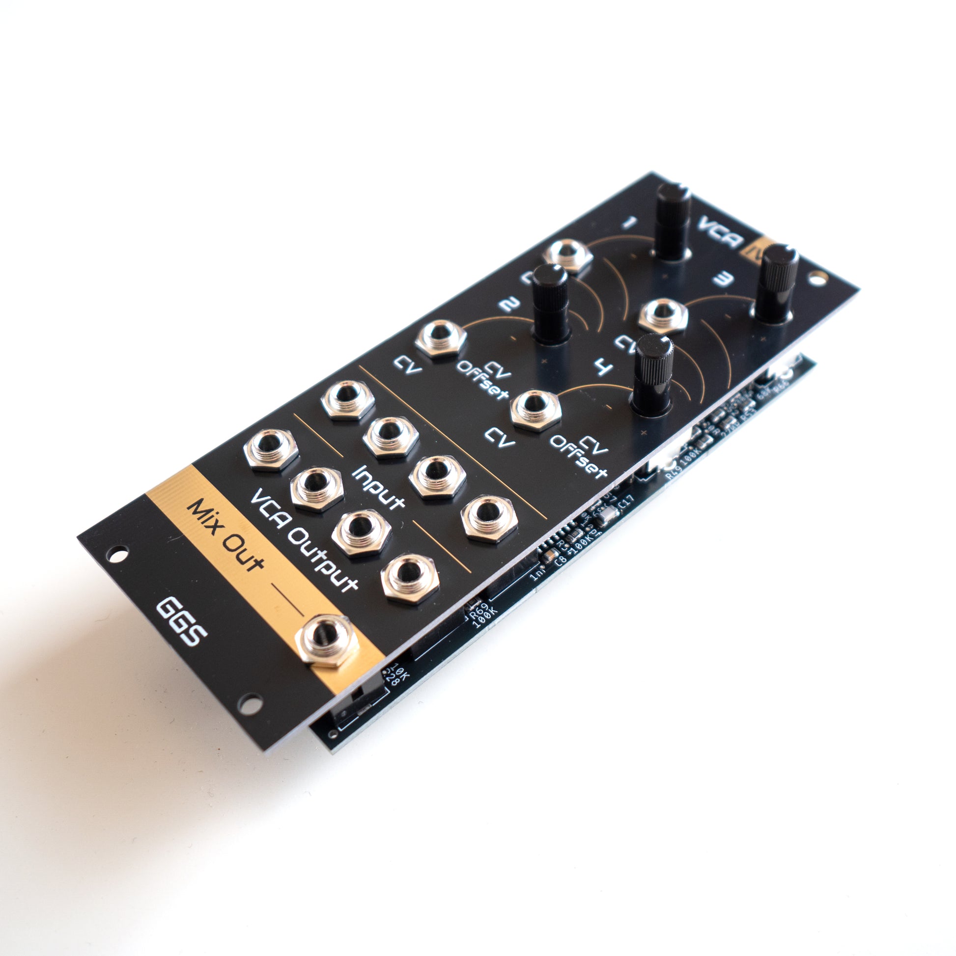 Quad VCA module for eurorack modular synth called VCA IV. Angled photo with white background. Gold plated Front panel PCB art is visible along with jack socket and potentiometer. GGS logo at the bottom. 
