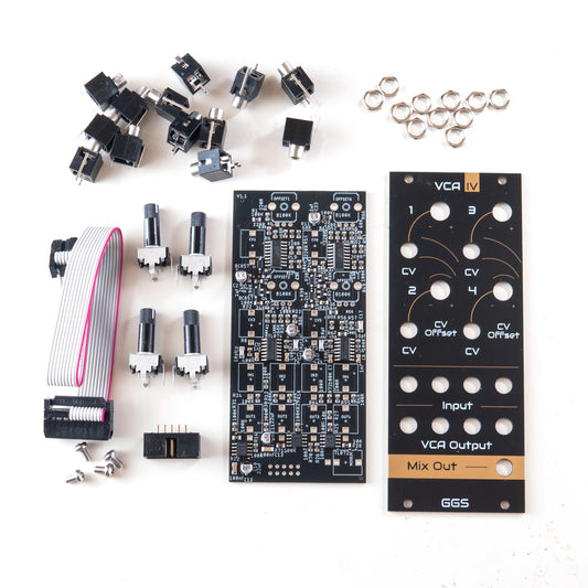 Quad VCA module for eurorack modular synth called VCA IV. White background photo of complete DIY kit displaying components such as potentiometers, jack sockets with SMD assembled PCB and Gold plated Front panel PCB art. GGS logo at the bottom. 