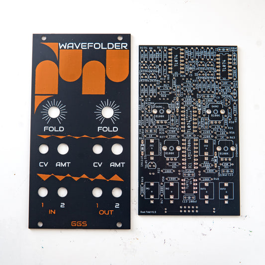 Dual Wavefolder for eurorack modular synth. PCB and Front panel kit. Bare PCB. no components. white background.