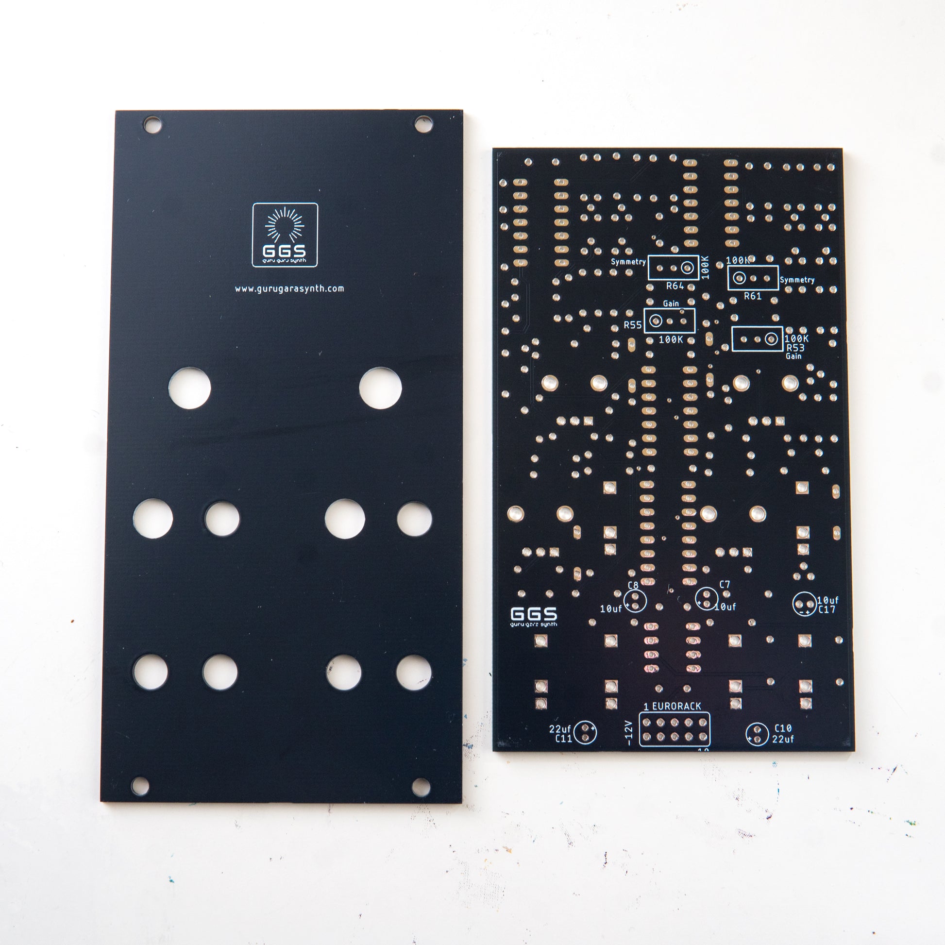 Dual Wavefolder for eurorack modular synth. PCB and Front panel kit. Bare PCB. no components. Back view. white background.