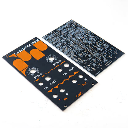 Dual Wavefolder for eurorack modular synth. PCB and Front panel kit. Bare PCB. no components. white background. Angled photo.