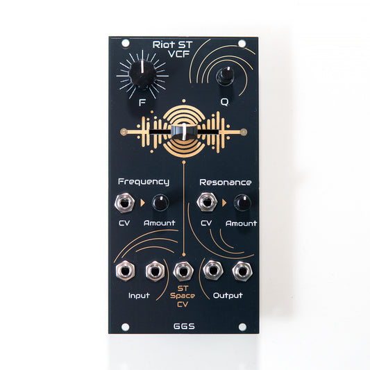 The Riot ST VCF, a black Eurorack module with a striking black, white, and exposed copper PCB art design on the 12HP front panel. The module features stereo inputs and outputs, a central "Stereo Space" fader, and dedicated knobs for frequency and resonance.